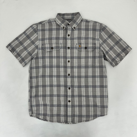 Carhartt Mens Button Down Shirt Size M Gray Plaid Original Fit Short Sleeve - Picture 1 of 8